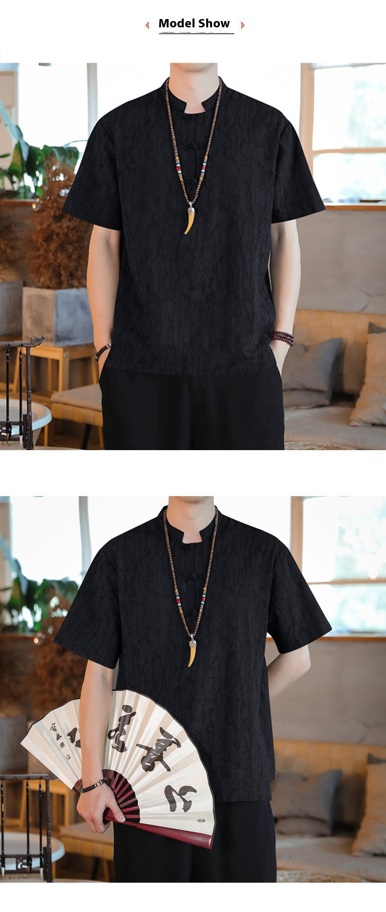 Chinese Style Mens Cotton Linen Tang Suit Short Sleeve Casual T Shirt