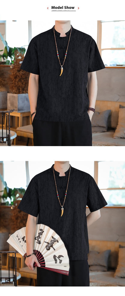 Chinese Style Mens Cotton Linen Tang Suit Short Sleeve Casual T Shirt