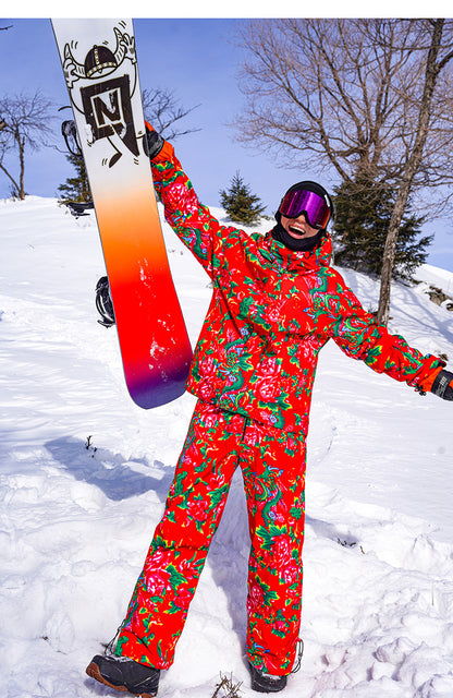 Men's Winter Ski Jacket Printed Floral Plus Size Warm Cotton Suit