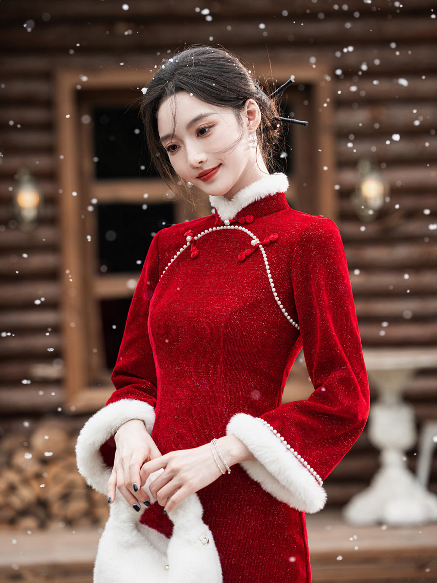 2025 New Improved Qipao – Warm Red High-End Autumn Winter Style