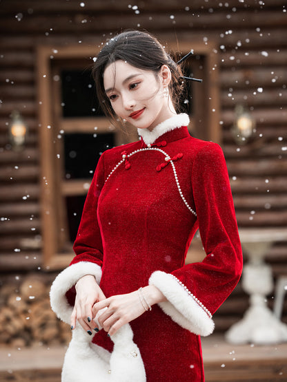 2025 New Improved Qipao – Warm Red High-End Autumn Winter Style