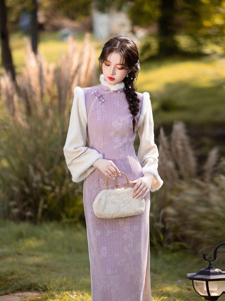 Thick Flared Sleeve Long Cheongsam | Youth New Chinese Style Winter Dress