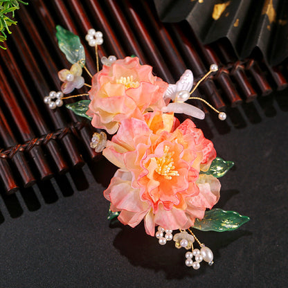 Fairy Pink Silk Flower Hairpin Ancient Style Hanfu Cheongsam Side Clip