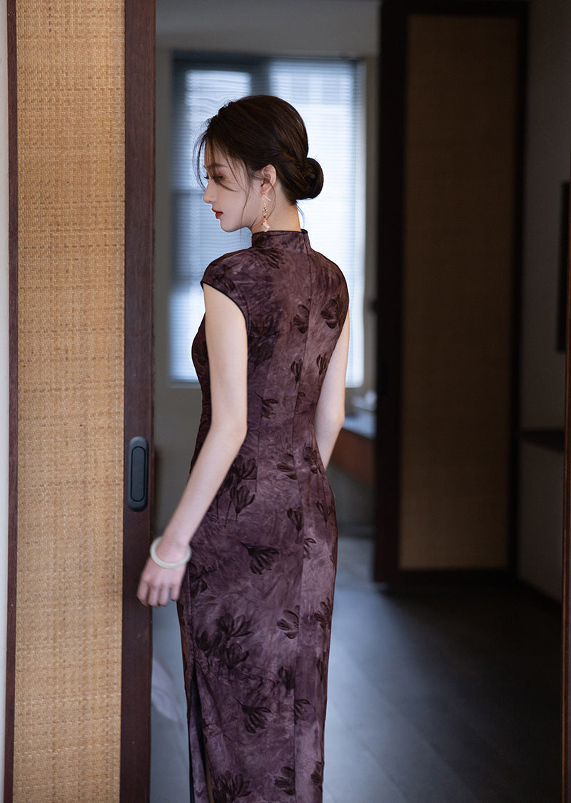 Elegant Purple Cheongsam – 2025 Slim Fit Retro Dress