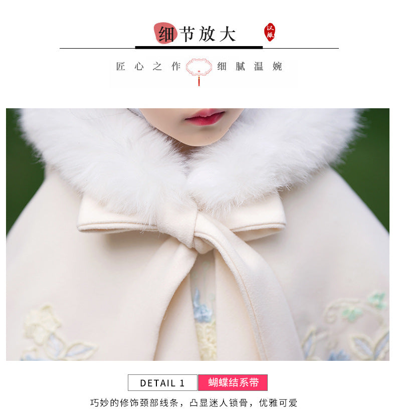 Girls' Winter Hanfu Cloak with Fur Collar Hooded Fairy Cape