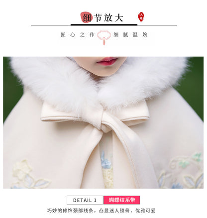 Girls' Winter Hanfu Cloak with Fur Collar Hooded Fairy Cape