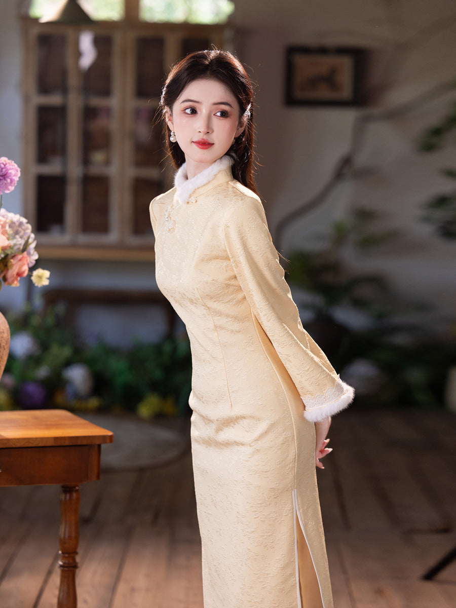 Yellow Fleece-Lined Winter Qipao | Thickened Long-Sleeve Retro Dress 2025