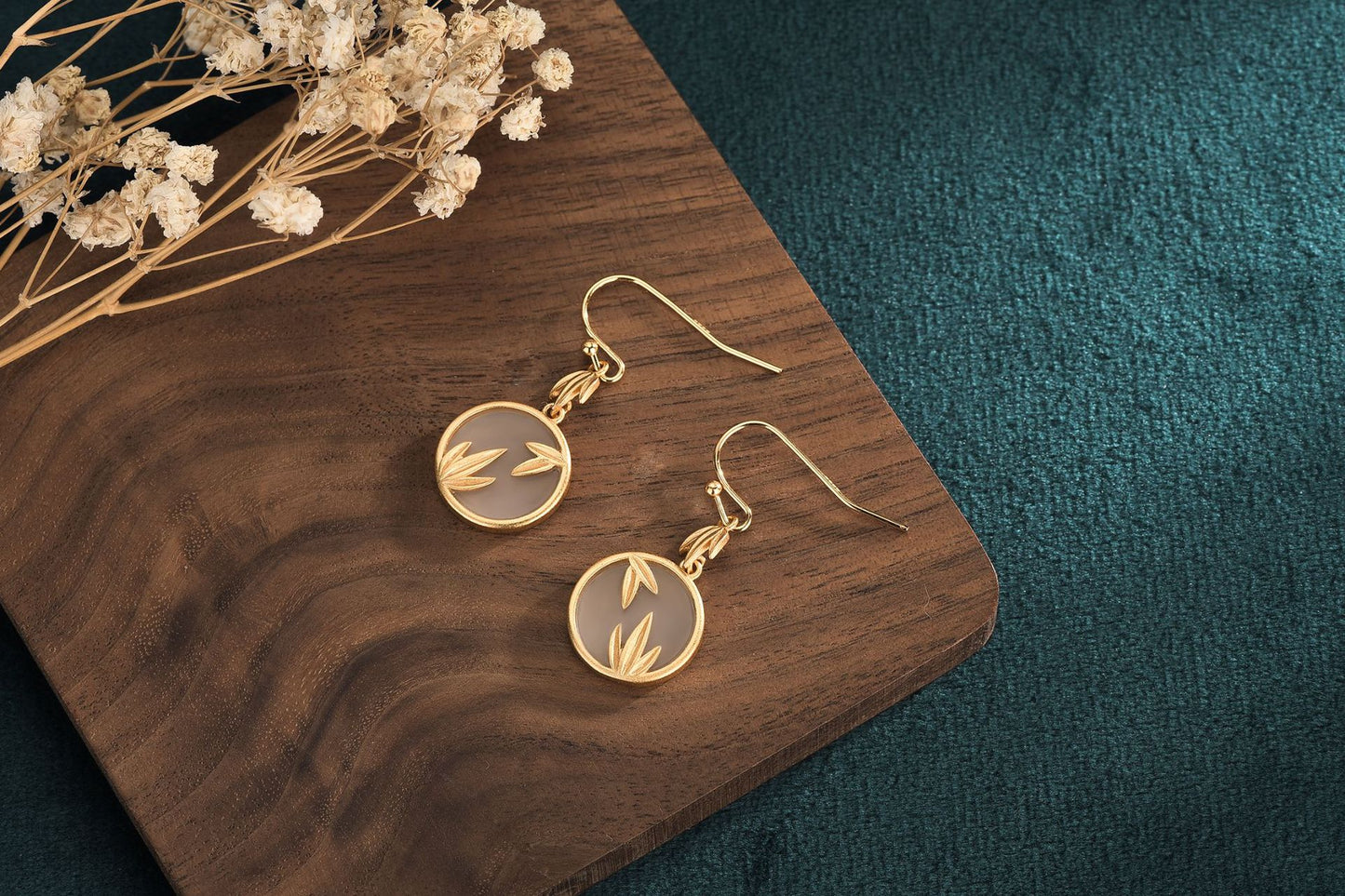 Classical Style Jade Earrings — Copper Plated 24K Gold Bamboo Leaf