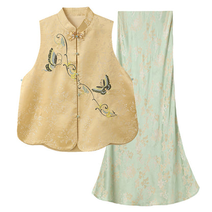 High-End Embroidery Stand Collar Vest & Jacquard Mermaid Skirt