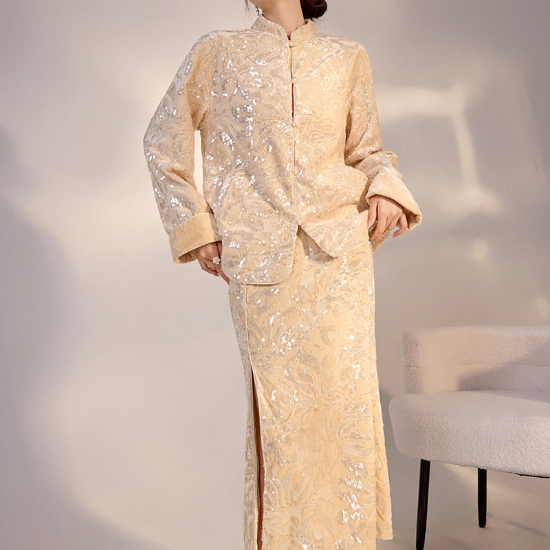 New Chinese Satin Floral Sequin Button Light Luxury Loose Coat