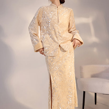 New Chinese Satin Floral Sequin Button Light Luxury Loose Coat