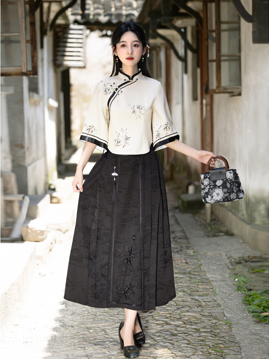 Elegant Improved Cheongsam Top & Hanfu Ink Design Skirt Set