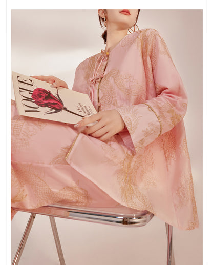 New Chinese Style Dragon Embroidered Shirt & High Waist Skirt Set