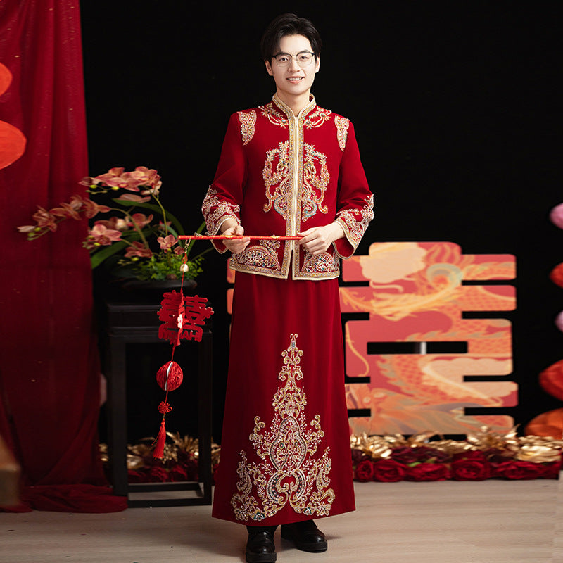 Chinese Wedding Xiuhe Dress Bride Velvet Toast Suit Set