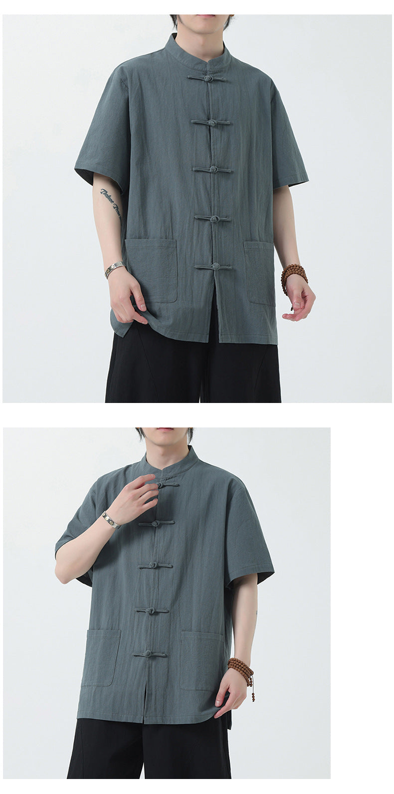 Chinese Style Mens Cotton Linen Shirt Half Sleeve Button Up Casual Top