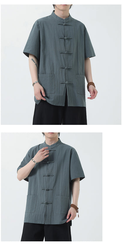 Chinese Style Mens Cotton Linen Shirt Half Sleeve Button Up Casual Top