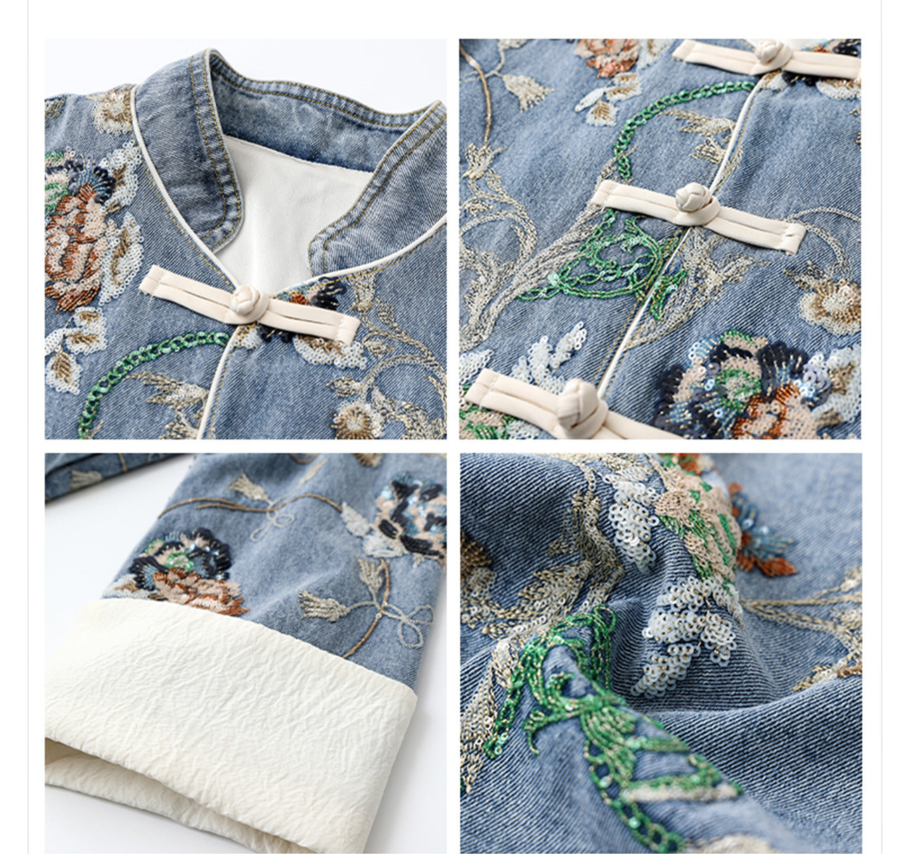 Blue Sequin Embroidered Denim Jacket High-End New Chinese Style