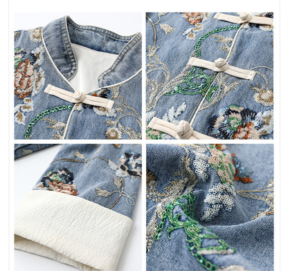 Blue Sequin Embroidered Denim Jacket High-End New Chinese Style