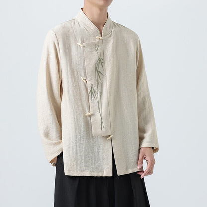 Chinese Style Mens Slanted Collar Hanfu Shirt Long Sleeve Tea Dress