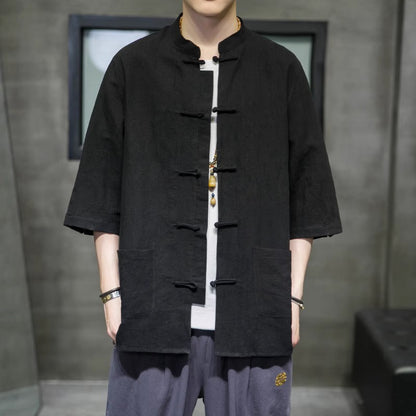 Summer Chinese Cotton Linen Shirt Men Casual Thin Youth Trend Top