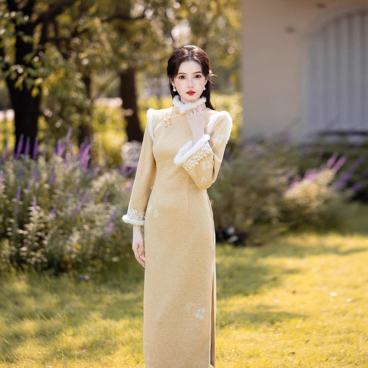 Long Sleeve Crystal Velvet Qipao | Winter Thickened Fleece Lined Dress