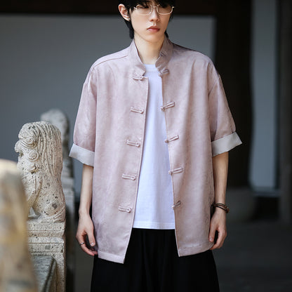 Summer Chinese Tang Suit Shirt Mens Stand Collar Short Sleeve Hanfu