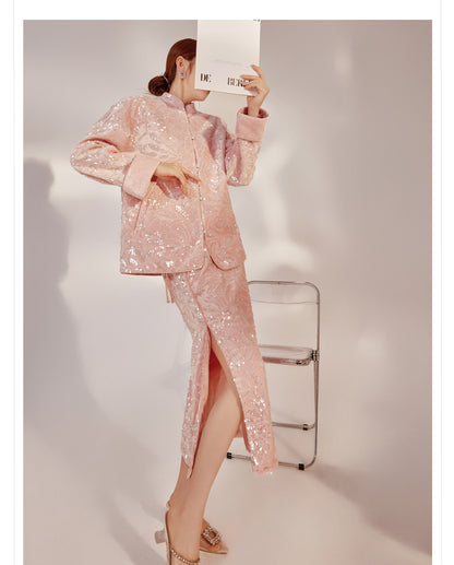 New Chinese Satin Floral Sequin Button Light Luxury Loose Coat