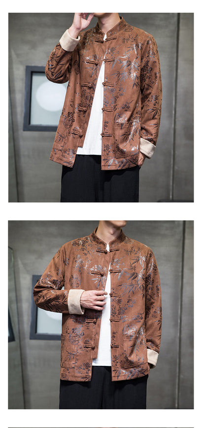 Chinese Style Mens Retro Tang Suit Button Printed Velvet Coat