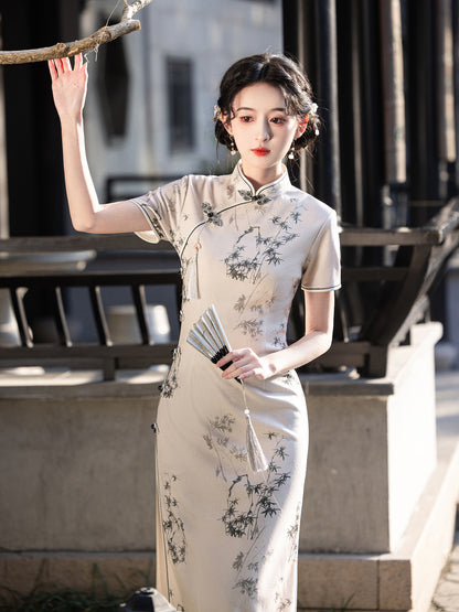 Asymmetrical Long Cheongsam – High-End Elegant Daily Dress
