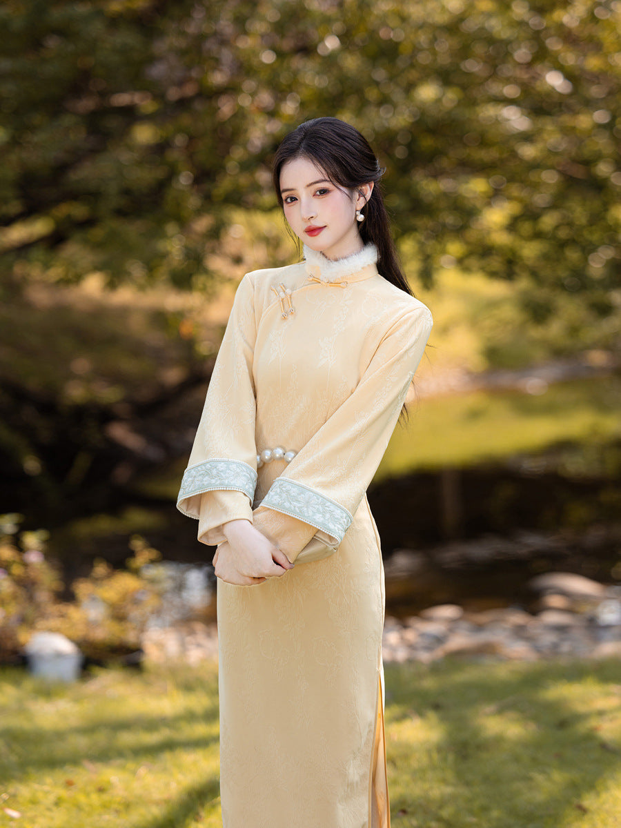 Yellow Fleece-Lined Long Sleeve Qipao | Winter New Chinese Style 2025