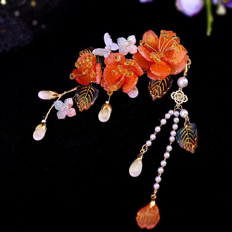 Orchid tassel headdress with side clips and new Chinese flower hairpins