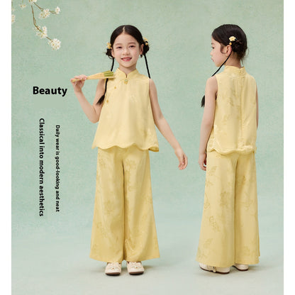 National Style Hanfu-Inspired Summer Set — Top & Pants for Children