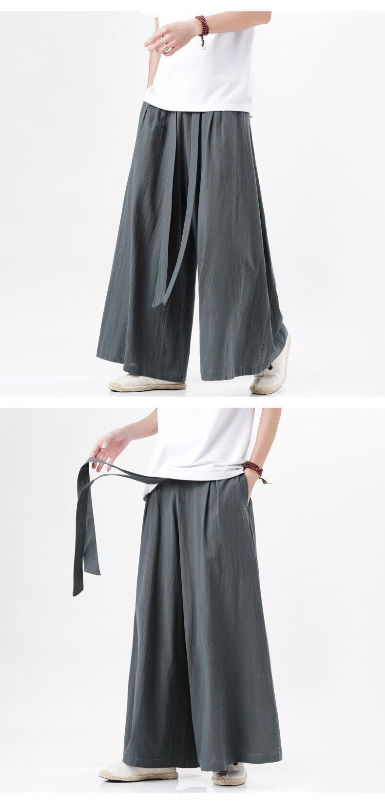 Mens Chinese Style Hanfu Linen Nine Point Retro Wide Leg Pants