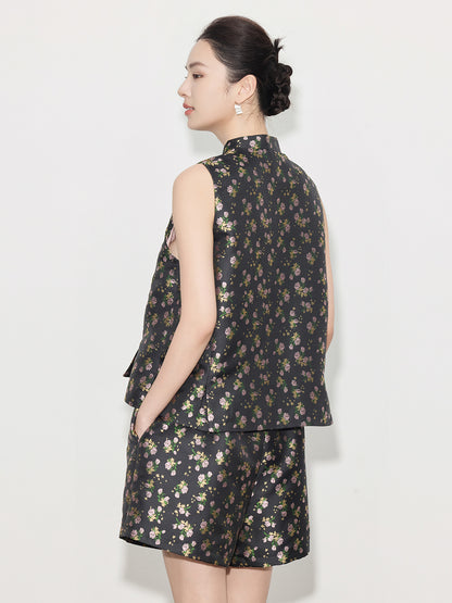 Light National Style Jacquard Sleeveless Vest & High Waist Shorts