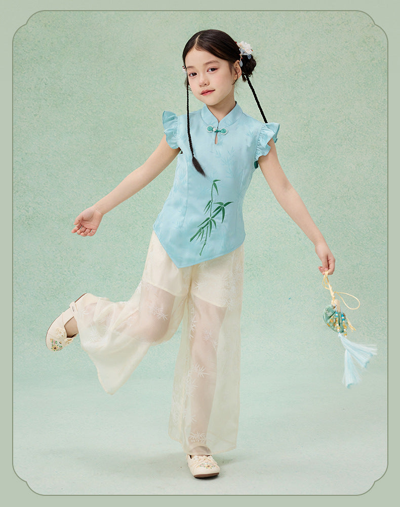 Children’s Chinese Summer Set — Shirt Top & Loose Wide-Leg Pants