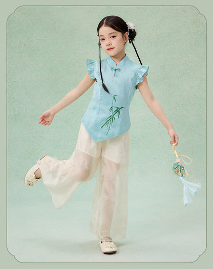 Children’s Chinese Summer Set — Shirt Top & Loose Wide-Leg Pants
