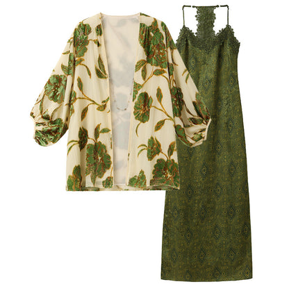 Velvet Burnout Jacket & Printed Cardigan Dress Set for Autumn