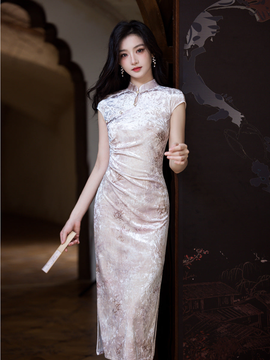 Improved Chinese Style Qipao – Everyday Wear Pink Velvet Dress