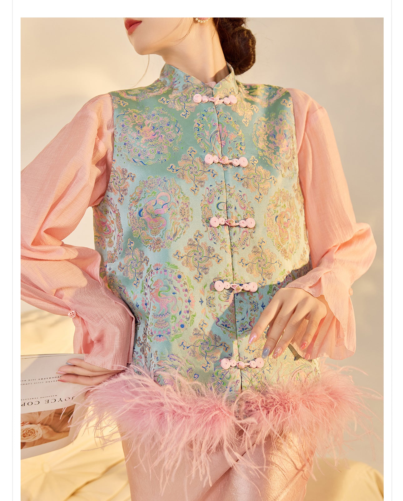 Ostrich Feather Detachable Vest – Elegant New Chinese Style Top