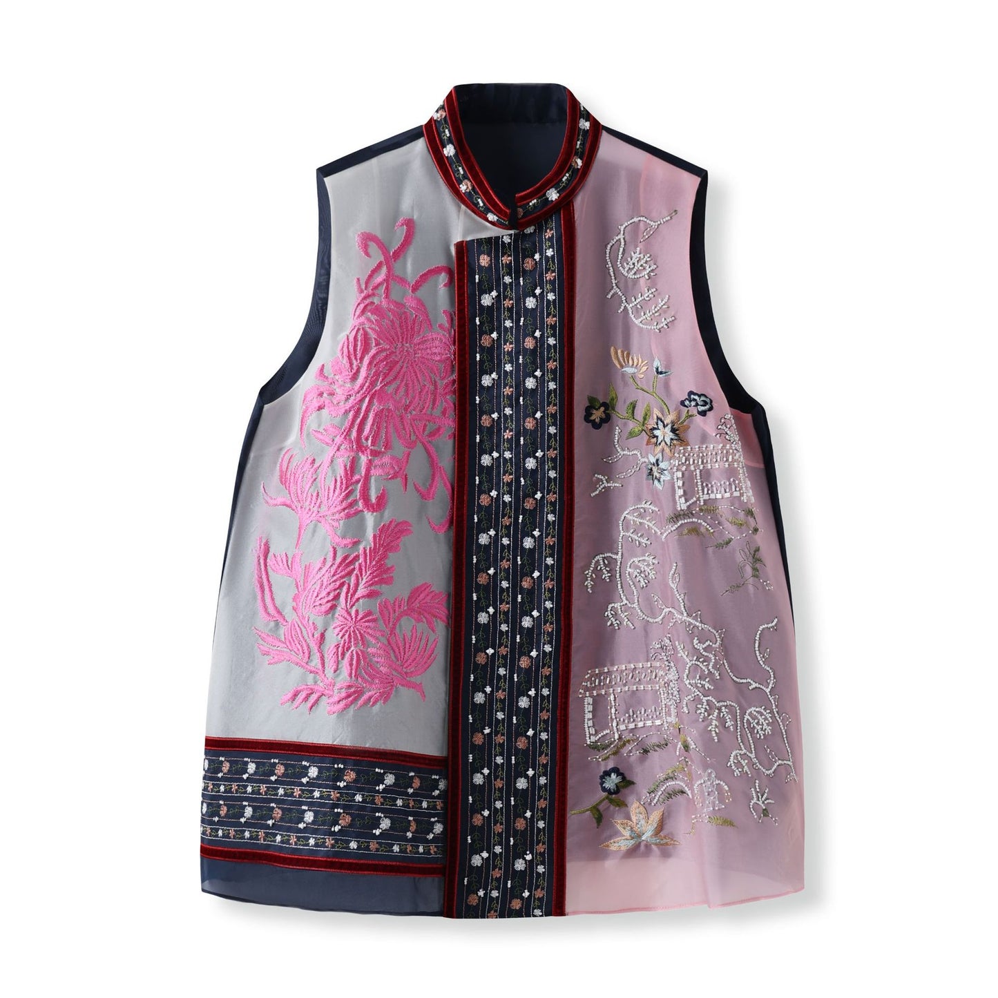 2026 New Chinese Embroidered Colorblock Mulberry Silk Vest Top