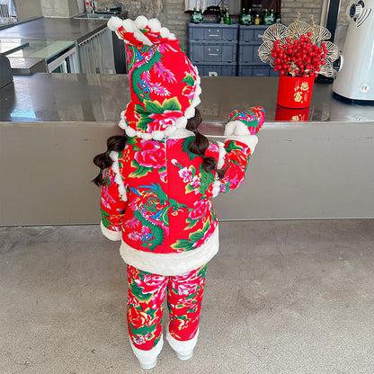 Northeast Floral Girls Padded Jacket Winter Rabbit Ear Four-Piece