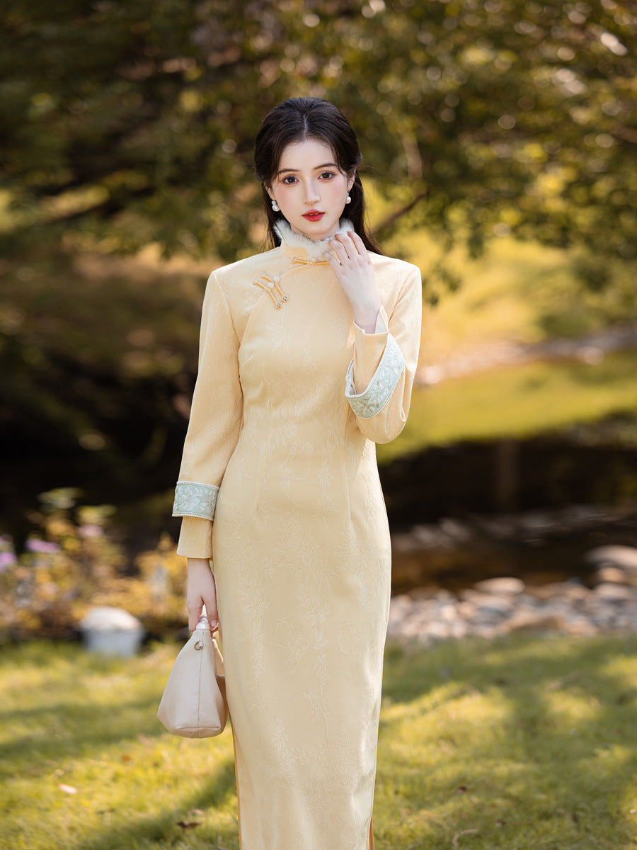 Yellow Fleece-Lined Long Sleeve Qipao | Winter New Chinese Style 2025