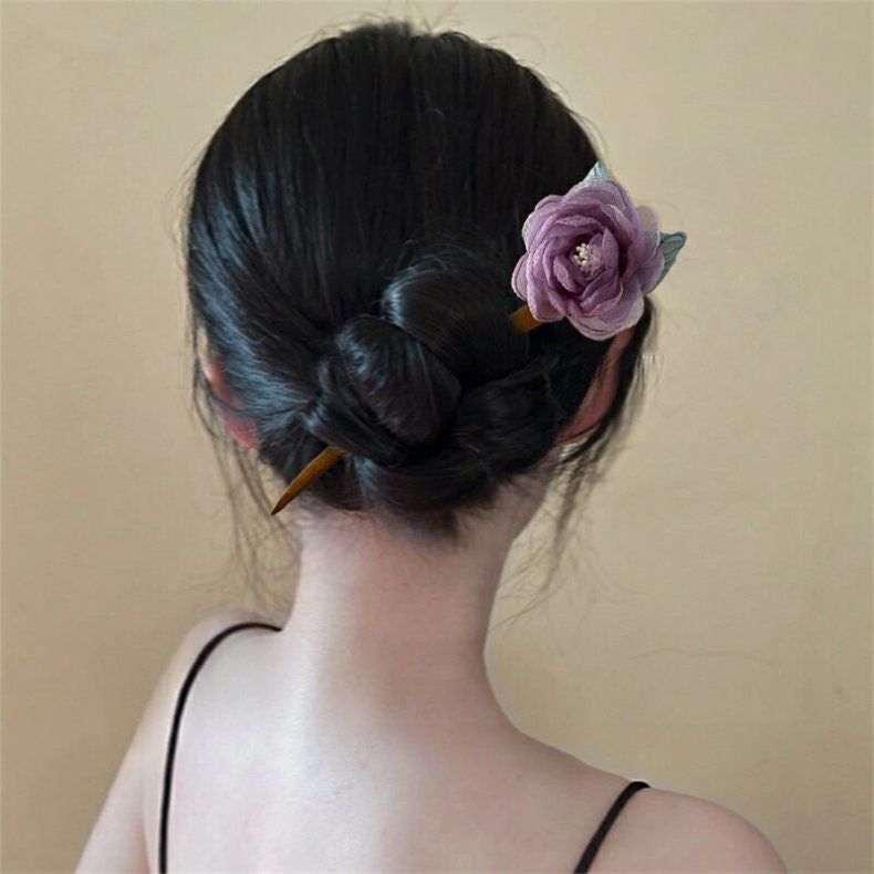Purple Rose Hairpin Summer Mesh Flower Ancient Style Hair Accessory
