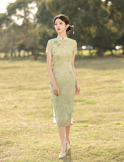 Elegant Dark Green Cheongsam – Retro Spring High-End Dress