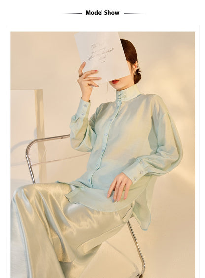 Autumn Button-Up Stand Collar National Style Top & Skirt Set