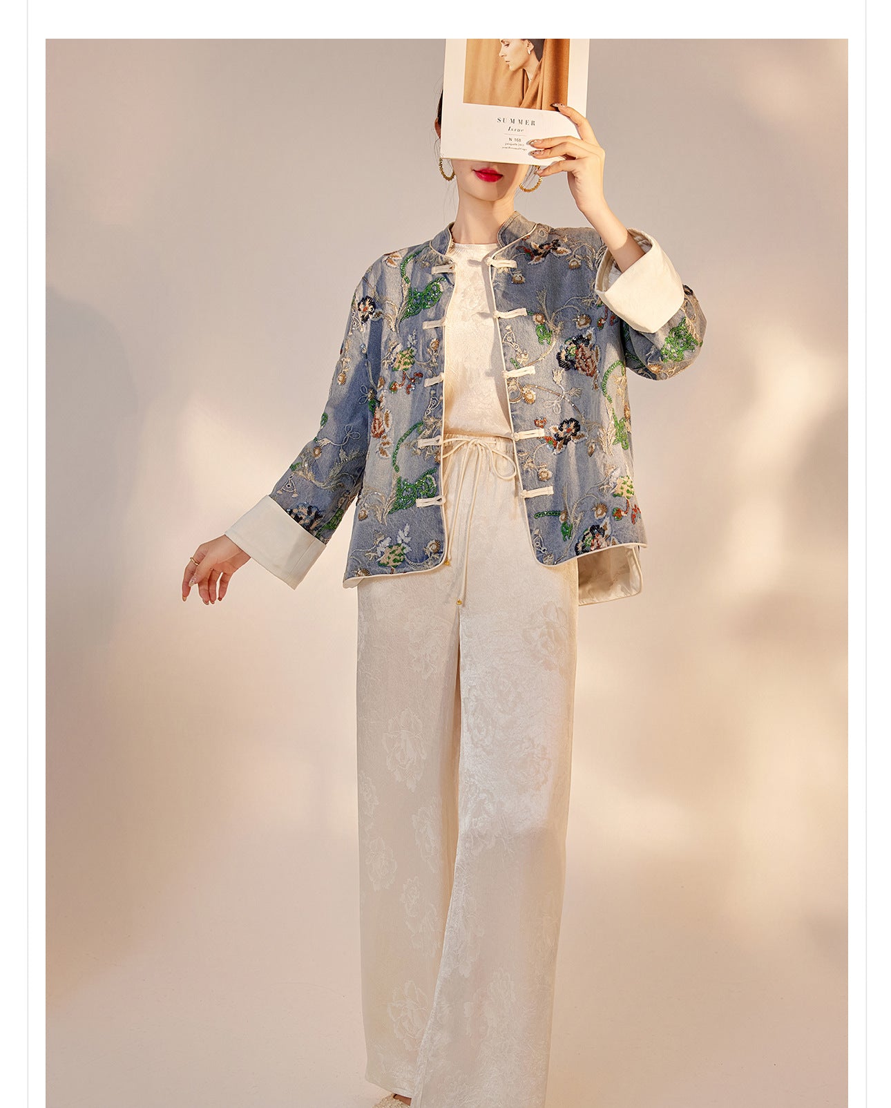 Blue Sequin Embroidered Denim Jacket High-End New Chinese Style