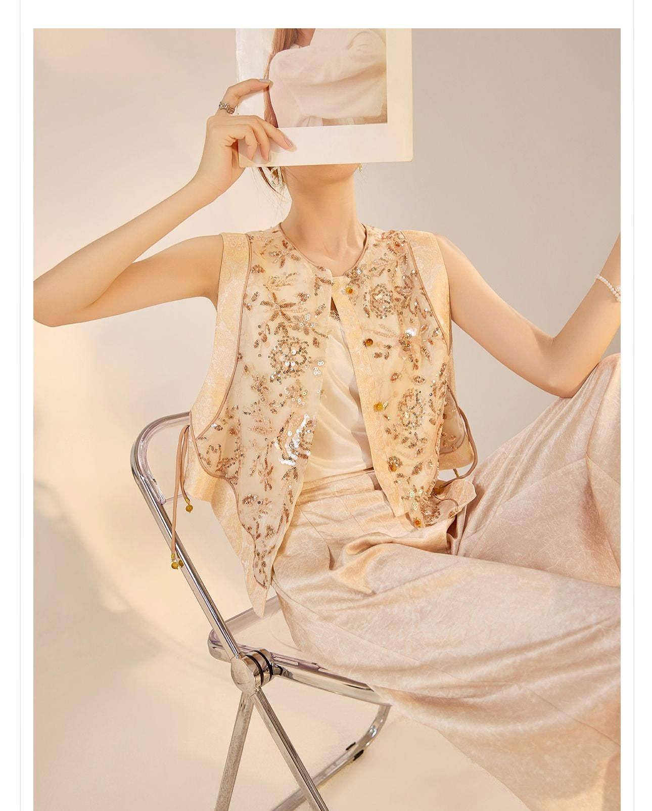 National Style2025Summer New Beaded Embroidery New Chinese Style Sequin Mermaid Skirt Vest Pants Set