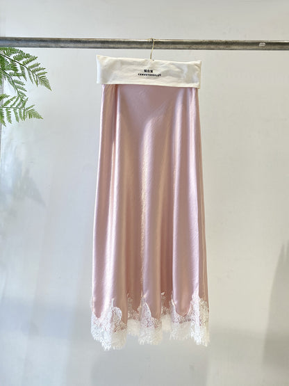 Elegant High-Waist Satin Lace Patchwork Skirt