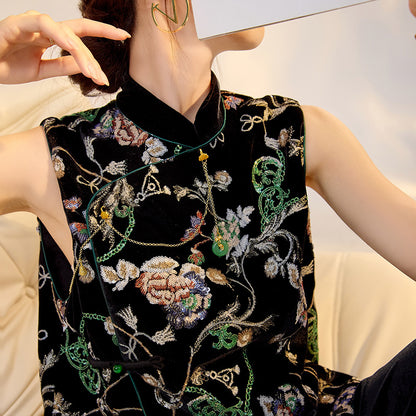 Elegant Velvet Floral Sequin Vest – High-End Women's Fashion