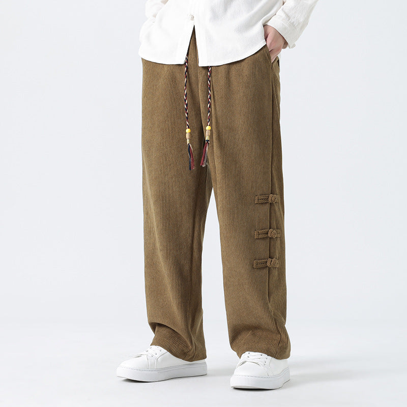 Chinese Style Mens Button Corduroy Pants Large Size Casual Sweatpants